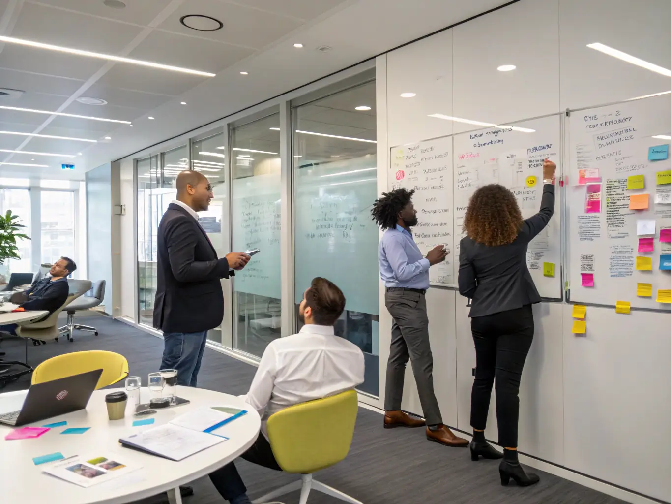 An image of a diverse team of South African business professionals collaborating in a modern office setting, brainstorming ideas on a whiteboard, representing team collaboration.