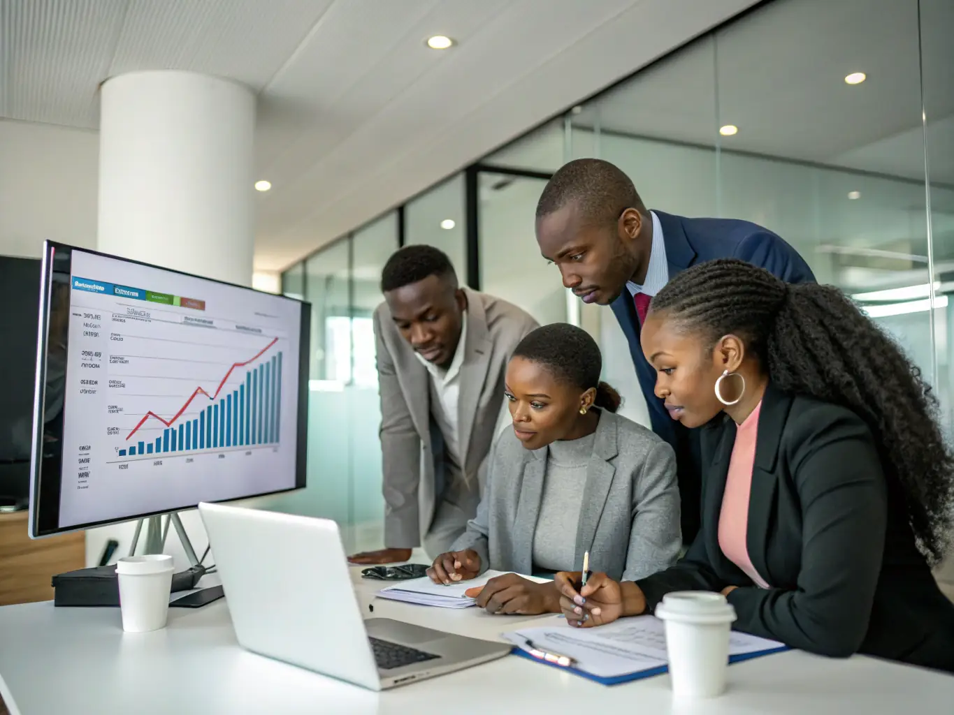 An image depicting a strategic planning session with South African business executives analyzing market data and formulating business strategies.